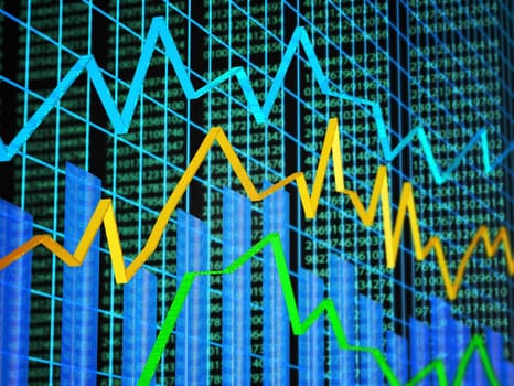 Abstract of financial data featuring line graph, bar graph and random numbers