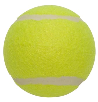 Close up of a tennis ball on a white background.