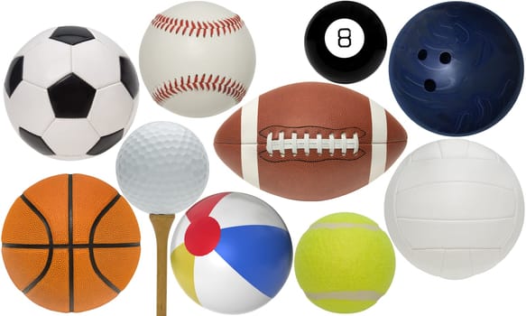 Various items used for sports and recreation on a white background.