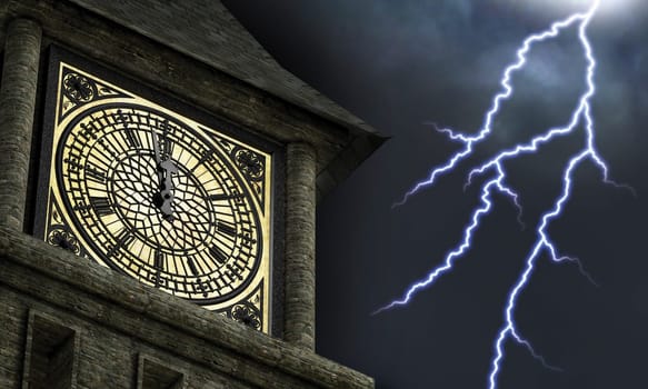 Clock face on a clock tower with the hands near midnight while lightning bolts streak through the sky in the background