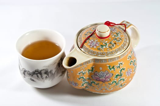 Teapot and Teapot made ceramic paint mountain and flower.