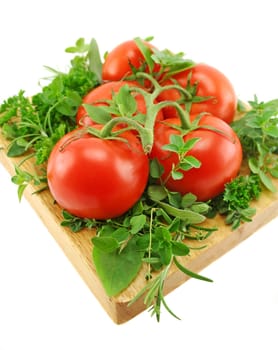 Vine ripened tomatoes on a bed of garden fresh herbs.