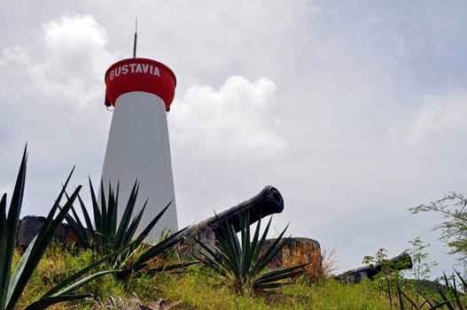 Tower, cannons and defense fortification in the caribbean city of Gustavia, Saint Barthelemy.