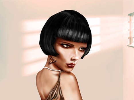 Illustration of a woman with a short black bob hairstyle