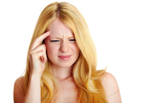 blonde girl with headache isolated on white background