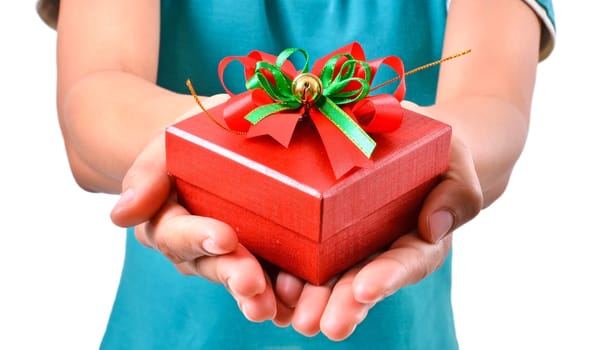 woman smile and hold gift box in hands Isolated on white background