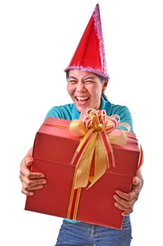 woman smile and hold gift box in hands Isolated on white background