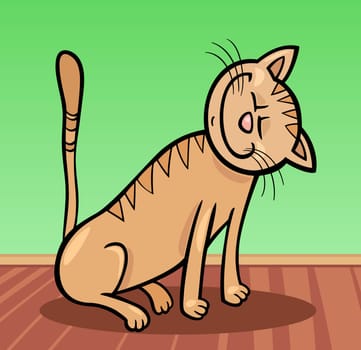 Cartoon Illustration of Happy Beige Tabby Cat at Home