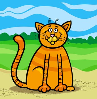 Cartoon Illustration of Happy Red Tabby Cat against Blue Sky and Fields