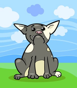 Cartoon Illustration of Funny Purebred French Bulldog Dog against Blue Sky and Green Grass