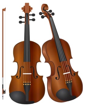 Violins in two perspectives with Bow Illustration Isolated on White Background