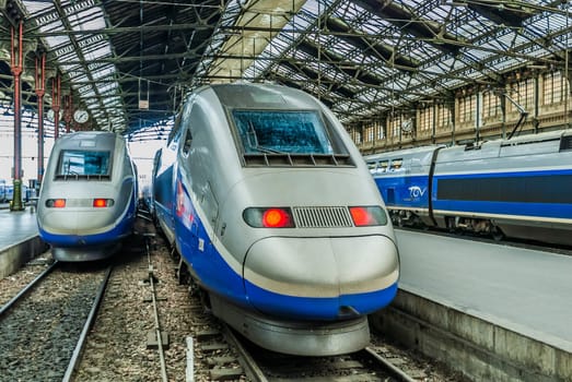 PARIS , FRANCE - JULY 7 : TGV high speed french train in gare de Lyon station on July 7 , 2006 in Paris, France