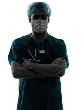 one caucasian doctor surgeon man portrait with face mask medical worker arms crossed silhouette isolated on white background