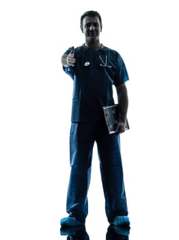 one caucasian man doctor surgeon medical worker standing full length gesturing handshake silhouette isolated on white background