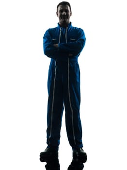 one caucasian repairman worker silhouette in studio on white background