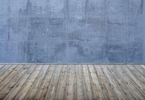 Empty room - blue-grey stone wall and wooden floor