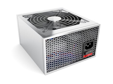 Silver computer power supply on white background