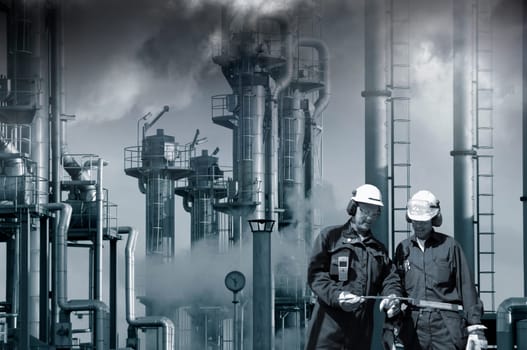 two refinery workers with industrial plant in background, dark industrial clouds above