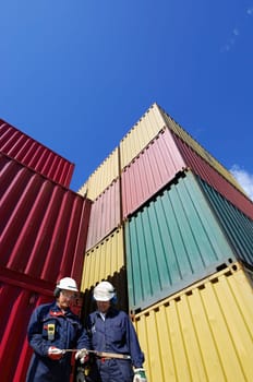 dock workers with stacks of shipping containers
