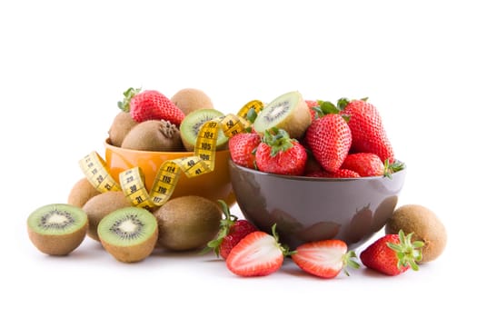 Strawberries and kiwi fruits in a bowl on a white background