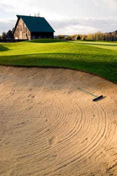 Rural golf course at sunset