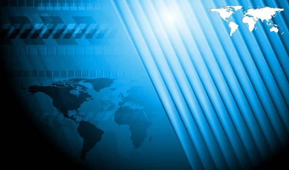 Bright blue technology background with world map. Eps 10 vector illustration