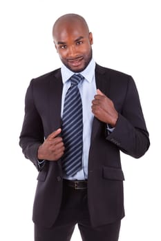 Portrait of a young African American business man, isolated on white background