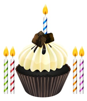 Illustration of an isolated cupcake and candles on a white background
