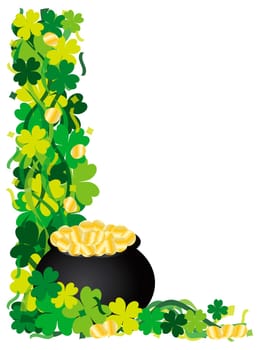 St Patricks Day Irish Lucky Four Leaf Clover with Pot of Gold and Confetti Border Illustration