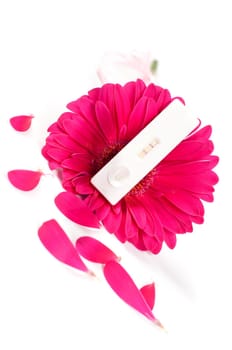 Shot of positive pregnancy test and gerbera flower