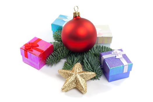 Christmas decoration,red Christmas ornament with gifts against white background