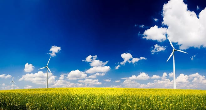Panorama windmills in the field of yellow rape