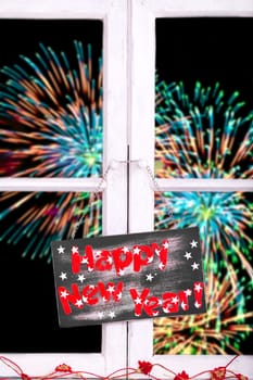 New Year's Eve fireworks with champagne glasses