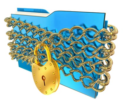 in blue folder with golden hinged lock and chains, stores important information