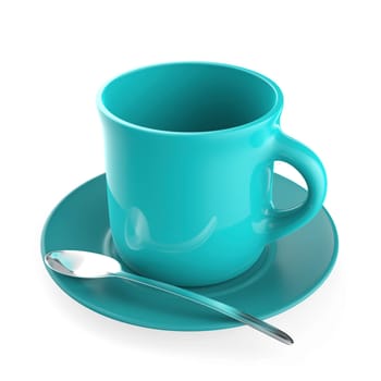Turquoise coffee cup and metal spoon