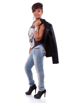 Portrait of a young beautiful black woman smiling, isolated on white background