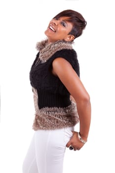 Portrait of a young beautiful black woman laughing, isolated on white background