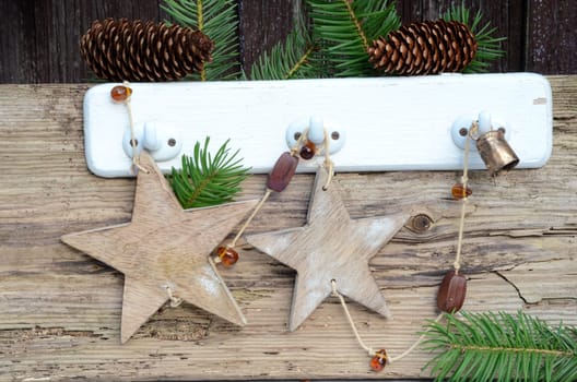 Christmas card with stars and wood frame in shabby style