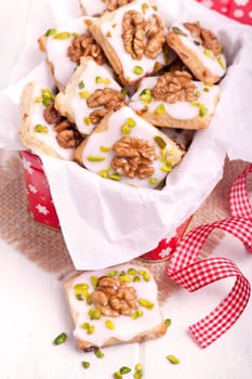 red gift box with Christmas cookies