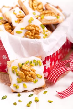 red gift box with Christmas cookies