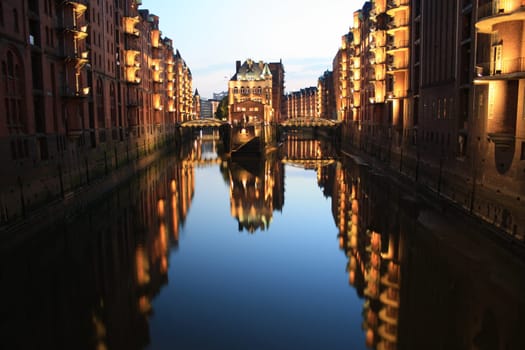 Speicherstadt moated castle at the blue hour