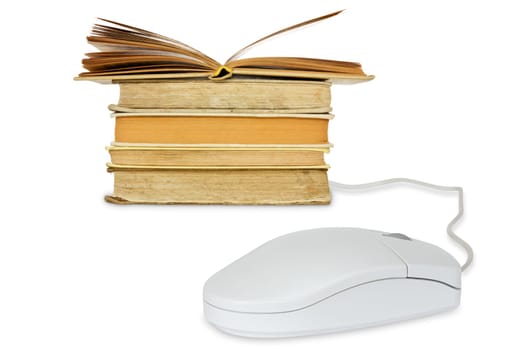 E-learning concept. Computer mouse and books on a white background.