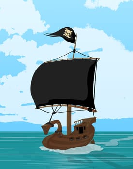 Black sails pirate ship, cartoon art illustration