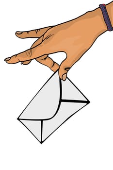 Comic style drawing of a hand with mail envelope. Isolated objects on white background.