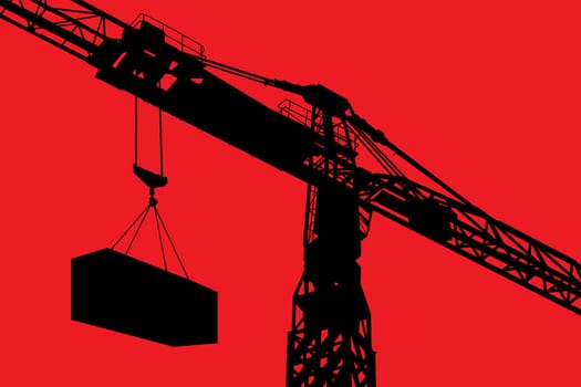 Detailed silhouette of a crane working over red background