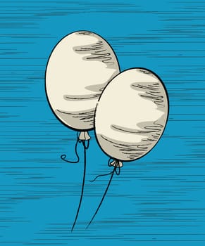 Two party balloons flying in the sky. Hand drawn sketch.
