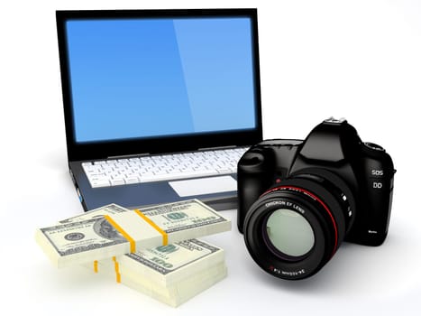 Selling Photo Concept - Laptop, Digital camera and banknotes on white background - 3D render