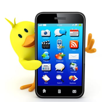 Little chick with smartphone on white - 3D render