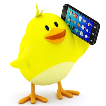 Little chick with smartphone on white - 3D render