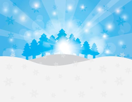 Christmas Trees in Winter Scene with Snowflakes and Sun Rays Background Illustration
